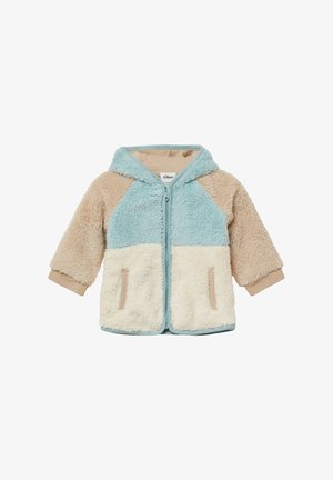 Giacca felpata con cappuccio e chiusura a zip; presenta pannelli morbidi nei colori beige, blu e crema; lavabile in lavatrice; include tasche laterali.