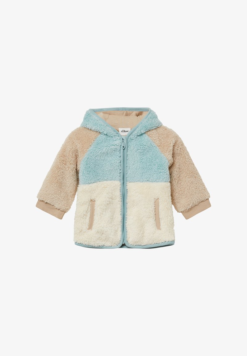 Karvane, kapuutsiga jakk, millel on tõmblukk; pehmest beežist, sinisest ja kreemjast paneelidest; masinapesus; sisaldab küljetaskuid.