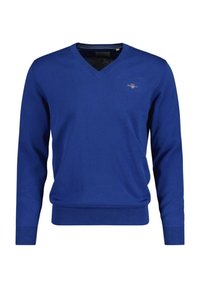 Blaues V-Ausschnittpullover aus Strickstoff mit langen Ärmeln und gerippten Bündchen. Besitzt ein kleines gesticktes Logo auf der Brust.