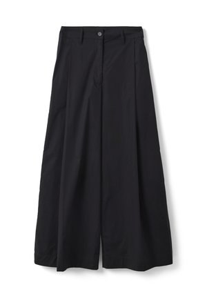 Wide-leg black trousers with front button and zip closure, belt loops, and long loose-fitting legs.