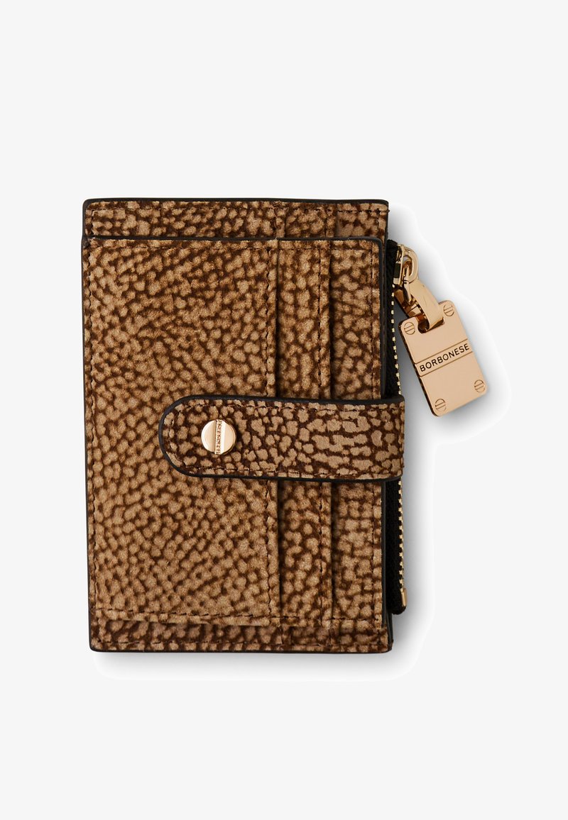 Brown textured leather wallet with snap closure, gold-tone zipper, and branded metal zipper pull tag labeled "Borbonese."