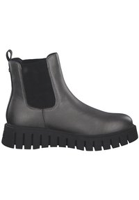 Stivaletto Chelsea in pelle grigia con pannelli elastici ai lati, suola nera zigrinata e una linguetta per un facile infilamento. Texture liscia con silouette strutturata.