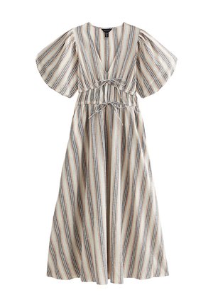 Midi-jurk met brede korte mouwen, diepe V-hals, getailleerde taille met twee striklinten, en verticale beige, bruine en grijze strepen.