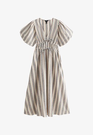 Midi-jurk met brede korte mouwen, diepe V-hals, getailleerde taille met twee striklinten, en verticale beige, bruine en grijze strepen.