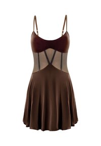 Braun Kleid mit einem enganliegenden Oberteil in Dunkelbraun und transparenten Seiteneinsätzen, ausgestattet mit verstellbaren Trägern und einem ausgestellten Rock. Glatte Textur überall.