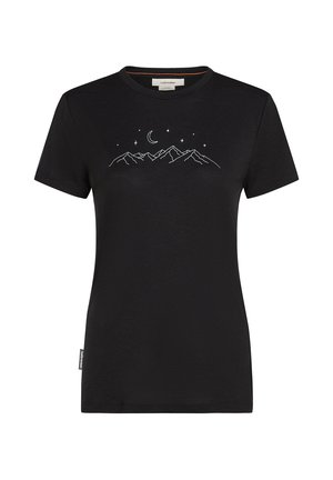 Black cotton T-shirt featuring white mountain and moon graphic at the chest, short sleeves, and a crew neck design.