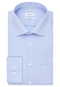 Lichtblauw geblokt overhemd van katoen, met een gespreid kraag, knoopsluiting en manchetten met één knoop. Regular fit.
