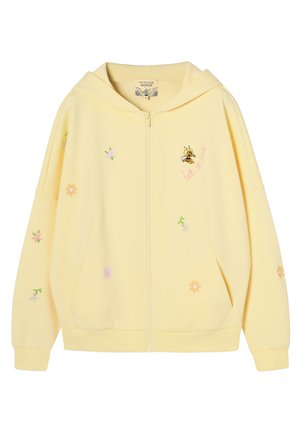 Hellgelber Reißverschluss-Hoodie mit kleinen pastellfarbenen Blumen, einer Bienen-Grafik und dem Schriftzug "let it bee" auf der rechten Vorderseite.