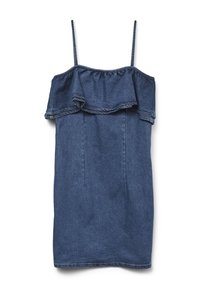 Denim obleka z nastavljivimi naramnicami, ki ima naborki na zgornjem delu in prilegajoč dizajn v srednje modri barvi.