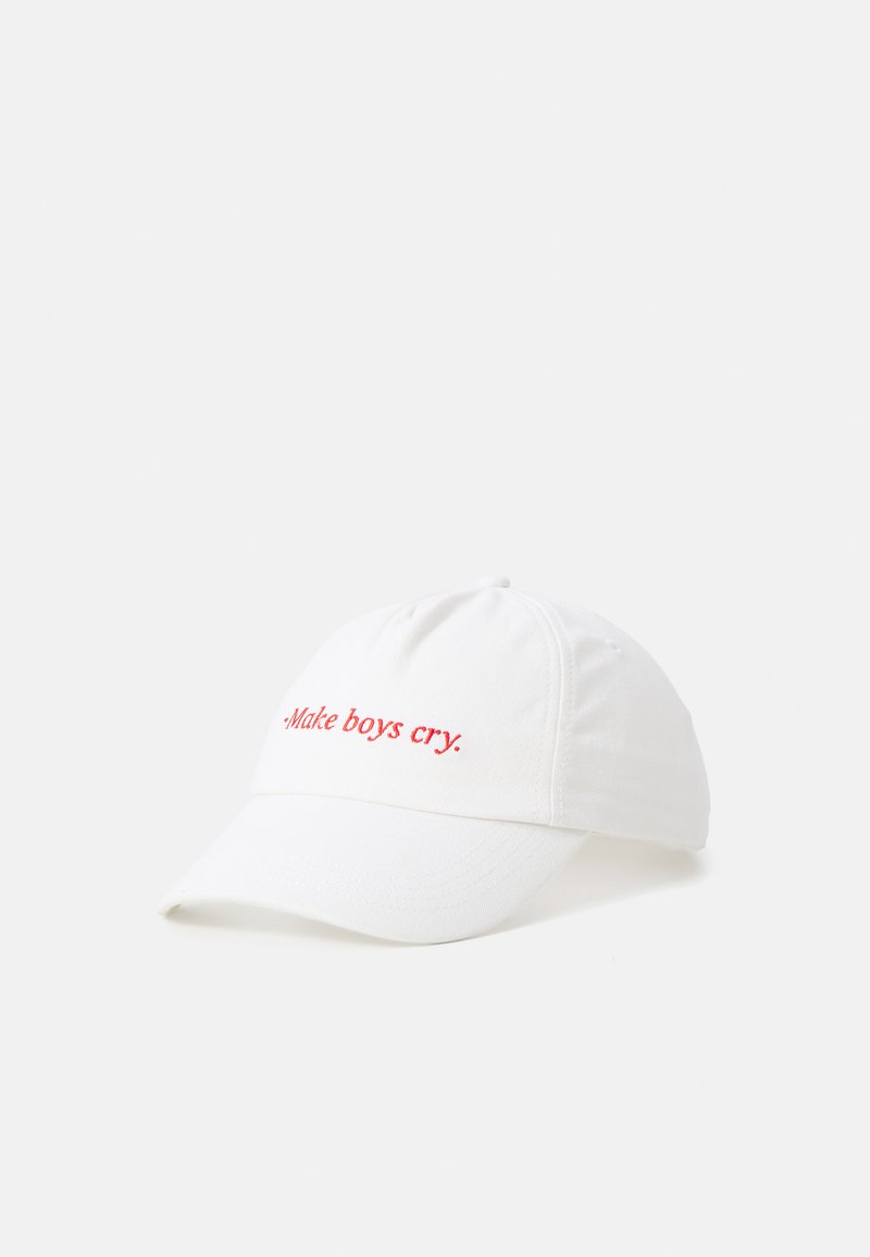 White baseball cap with a curved brim, featuring red embroidered text that reads "Make boys cry" on the front.