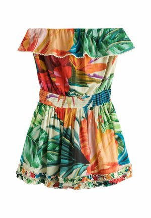 Off-shoulder kjole med tropisk blomstermønster, elastisk talje og flæsekant i levende grøn, orange, rød og blå farver.