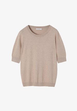 Beiger kurzärmliger Strickpullover mit rundem Halsausschnitt sowie gerippten Bündchen und Saum, Größe S, Markenetikett sichtbar im Kragen.