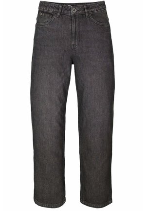 Jeans neri dritti in denim con bottone e cerniera frontale, passanti per cintura e design a cinque tasche.