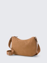 Tan leather shoulder bag with a smooth texture, curved design, and a patterned strap featuring a logo. Secure zip closure and adjustable strap.