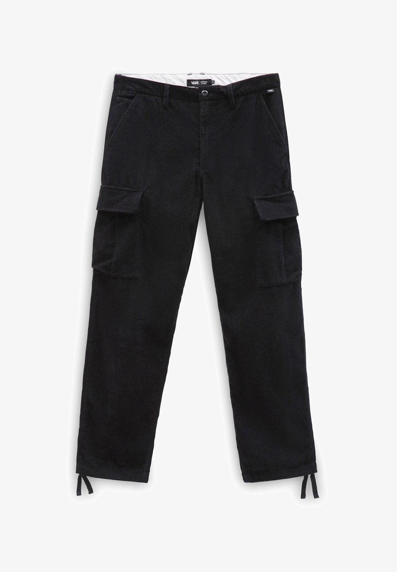 Zwarte corduroy cargobroek met een losse pasvorm, voorzien van zijflapzakken en verstelbare boorden. Duurzame stof met een subtiele textuur.