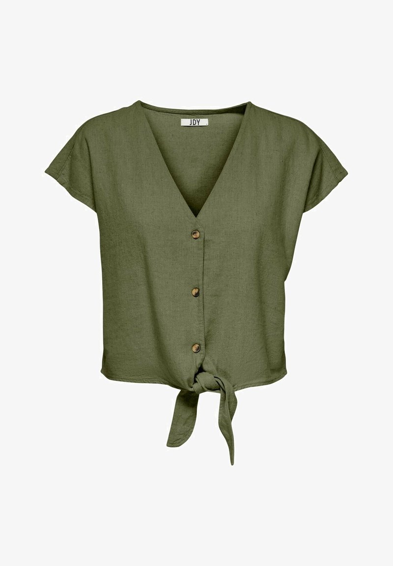 Olive green linen blouse with a V-neck, short sleeves, wooden buttons, and a front knot detail at the hem. Textured fabric finish.