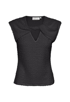 Schwarzes, strukturiertes Oberteil mit Capärmel und Schlüssel-Ausschnitt. Verfügt über ein gerafftes Oberteil und glatte Fütterung. Mit einer taillierten Passform gestaltet.