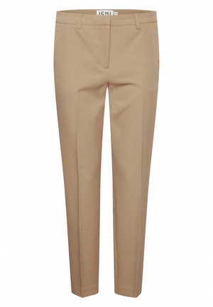 Pantalon beige avec une coupe ajustée, présentant un devant plat, des passants de ceinture et des jambes droites. Fabriqué en tissu lisse sans motifs visibles.