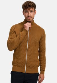 Brun zip-up tröja med ett strukturerat chevronmönster, hög krage, ribbade ärmslut och en kontrasterande dragkedja. Bärs över mörka byxor.