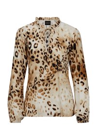 Lange mouw blouse in lichtbeige met een luipaardprintpatroon. Heeft een gerimpelde kraag en een gestrikte halslijn. Zacht materiaal met gathered mouwen.