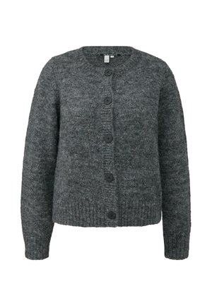Grijze gebreide cardigan met een ronde halslijn, lange mouwen en zes zwarte knopen aan de voorkant. Gelaagd stof met geribbelde manchetten en zoom.