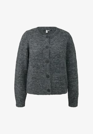 Grauer, gestrickter Cardigan mit Rundhalsausschnitt, langen Ärmeln und sechs schwarzen Knöpfen auf der Vorderseite. Texturiertes Material mit gerippten Bündchen und Saum.