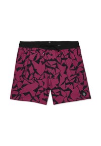 Shorts de bain pour hommes avec une base magenta et un imprimé abstrait noir, dotés d'une ceinture élastique noire et d'un cordon de serrage.