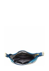 Blauwe leren handtas met een ritsluiting, ruime binnenkant, gestreepte voering en hardware in goudkleur. Meerdere binnenzakken voor organisatie.