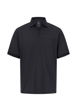 Polo negro de manga corta fabricado en tela suave, con cierre de media cremallera y un pequeño bolsillo en el pecho. Diseño minimalista.