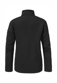 Schwarzer Langarmpullover mit hohem Kragen. Aus strukturiertem, geripptem Stoff. Das Design ist schlicht und sitzt eng an den Schultern.