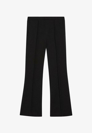 Schwarze maßgeschneiderte Hose mit hoher Taille, vorderen Falten, Seitentaschen und einem leichten Schlag an den Beinen.