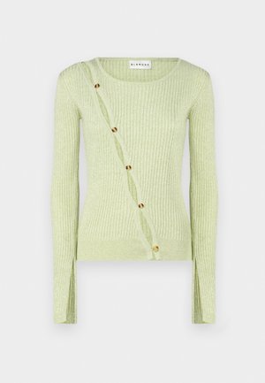 Világoszöld, bordázott pulóver, kerek nyakkivágással, hosszú ujjakkal és átlós gombzárral, amely aranyszínű gombokkal díszített. Puha tapintású.