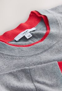 Pull en maille gris avec col et poignets rouges, avec une étiquette blanche indiquant « NEXT » et « Made in China ».