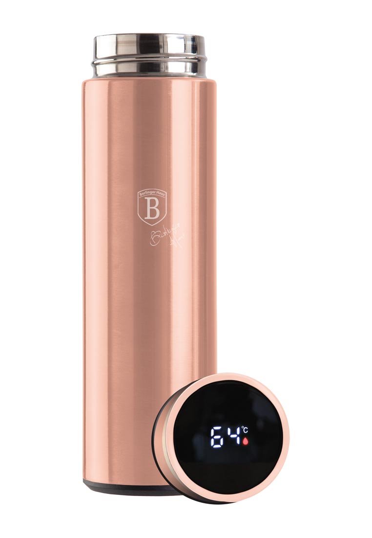 Thermos aus roségoldfarbenem Edelstahl mit glatter Oberfläche, ausgestattet mit einem digitalen Temperaturdisplay auf einem runden Fuß.