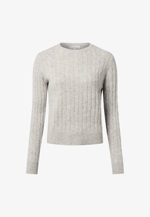 Light gray knitted sweater with a ribbed texture, featuring a round neckline and long sleeves, finished with a ribbed hem.