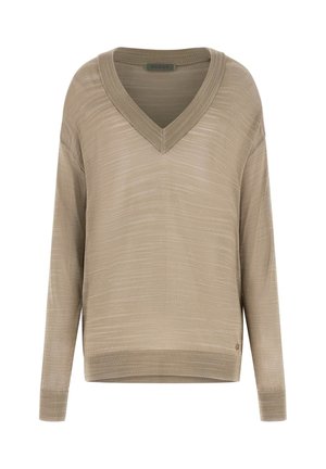 Pull beige à manches longues avec col en V, poignets et ourlet côtelés, tissu en maille léger, étiquette de la marque Guess à l'intérieur du col.