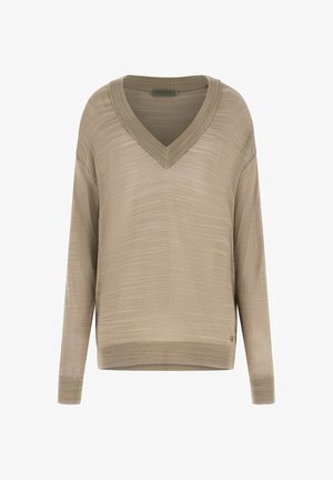 Bež dolg rokav z V-izrezom pulover z rebrastimi manšetami in spodnjim robom, lahka pletena tkanina, notranja etiketa blagovne znamke Guess na izrezu za vrat.