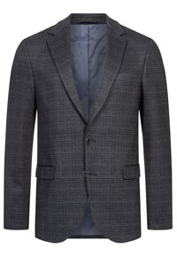 Schwarzgrauer Blazer mit karriertem Muster, einreihigem Knopfverschluss und Seitentaschen. Futter aus strukturiertem, navyfarbener Stoff.