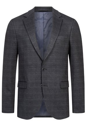 Kulkulsgrå blazer med ternet mønster, enkelt brystknaplukning og sidelommer. Fôret med et navy tekstureret stof.