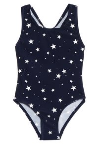 Maillot de bain une pièce bleu marine en matière douce avec des motifs d'étoiles blanches. Il possède des bretelles larges et un décolleté arrondi.
