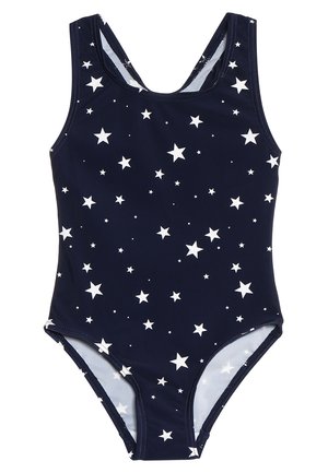 Costum de baie întreg, de culoare bleumarin, confecționat dintr-un material moale, cu modele de stele albe. Are bretele late și un decolteu rotunjit.