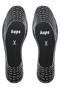 Black insoles with perforations, featuring white size markings and scissor icon, designed for trimming to fit. Brand name "kaps" visible.