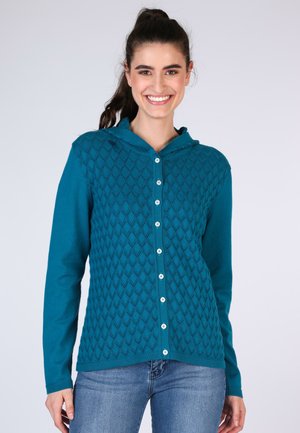 Türkis gestrickte Cardigan mit einem strukturierten Rautenmuster, ausgestattet mit einer Kapuze und einer Knopfleiste. Aus weichem Material gefertigt.