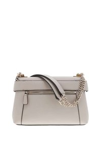 Borsa a mano in pelle grigia con un design strutturato, dotata di cerniere, una catena per spalla staccabile e una maniglia superiore per un trasporto versatile.