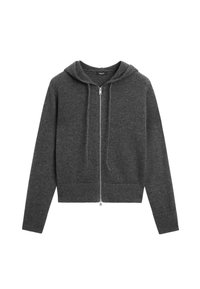 Zip-front hooded sweatshirt in dark gray. Made of soft fabric with ribbed cuffs and hem. Features drawstrings at the hood and a cropped design.