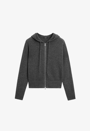 Zip-front hooded sweatshirt in dark gray. Made of soft fabric with ribbed cuffs and hem. Features drawstrings at the hood and a cropped design.