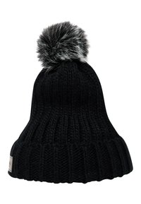 Zwarte gebreide muts met een ribbelstructuur, voorzien van een grote faux fur pompon bovenop en een klein logopatch aan de zijkant.