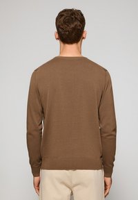 Bruine langwerpige trui met lange mouwen en een ronde hals, ribgebreide manchetten en zoom. Gladde textuur, minimalistisch ontwerp, geen zichtbare patronen of accenten.