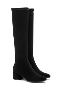 Knee-high black boots made of soft suede material, featuring a chunky heel and a smooth, streamlined design with a close fit.