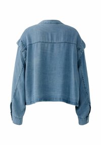 Light blue denim jacket with long sleeves, visible seams, and buttoned cuffs shown from the back on a white background.